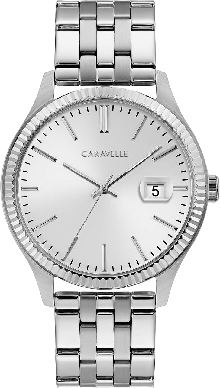 Caravelle by Bulova Men's Dress 3-Hand Date Quartz Watch, Stainless Steel, Coin Edge Bezel, 41mm Silver