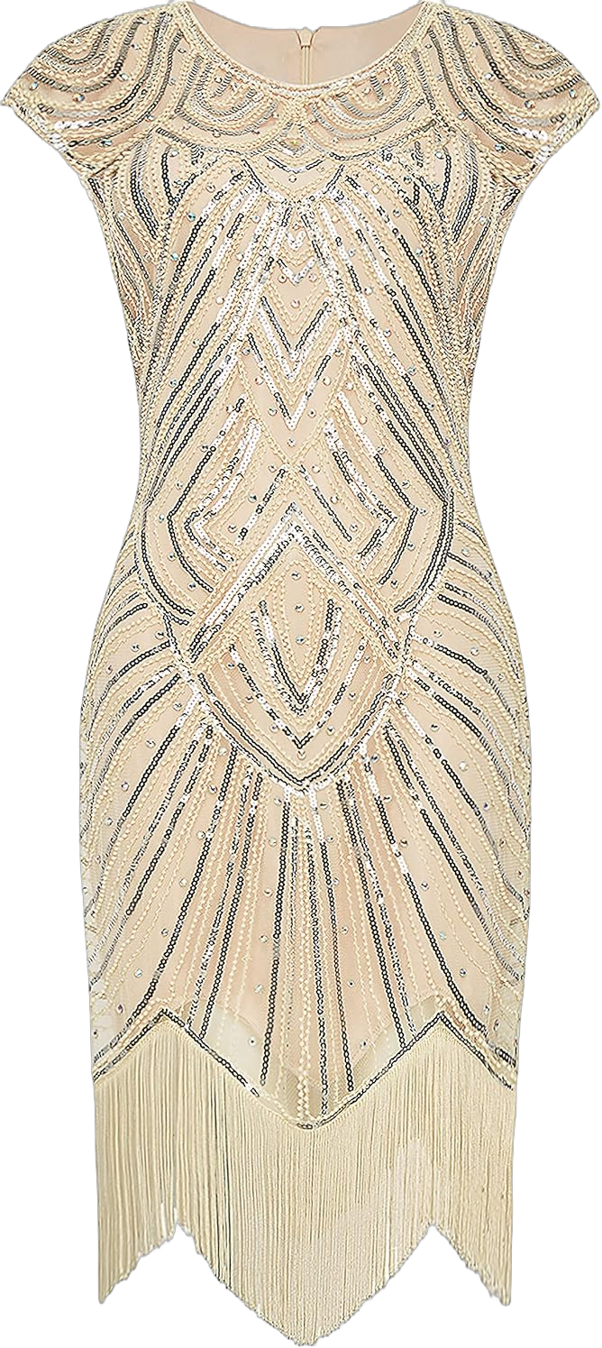 BABEYOND Women's Flapper Dresses 1920s Beaded Fringed Great Gatsby Dress Beige + Crystal Decorations 3X-Large