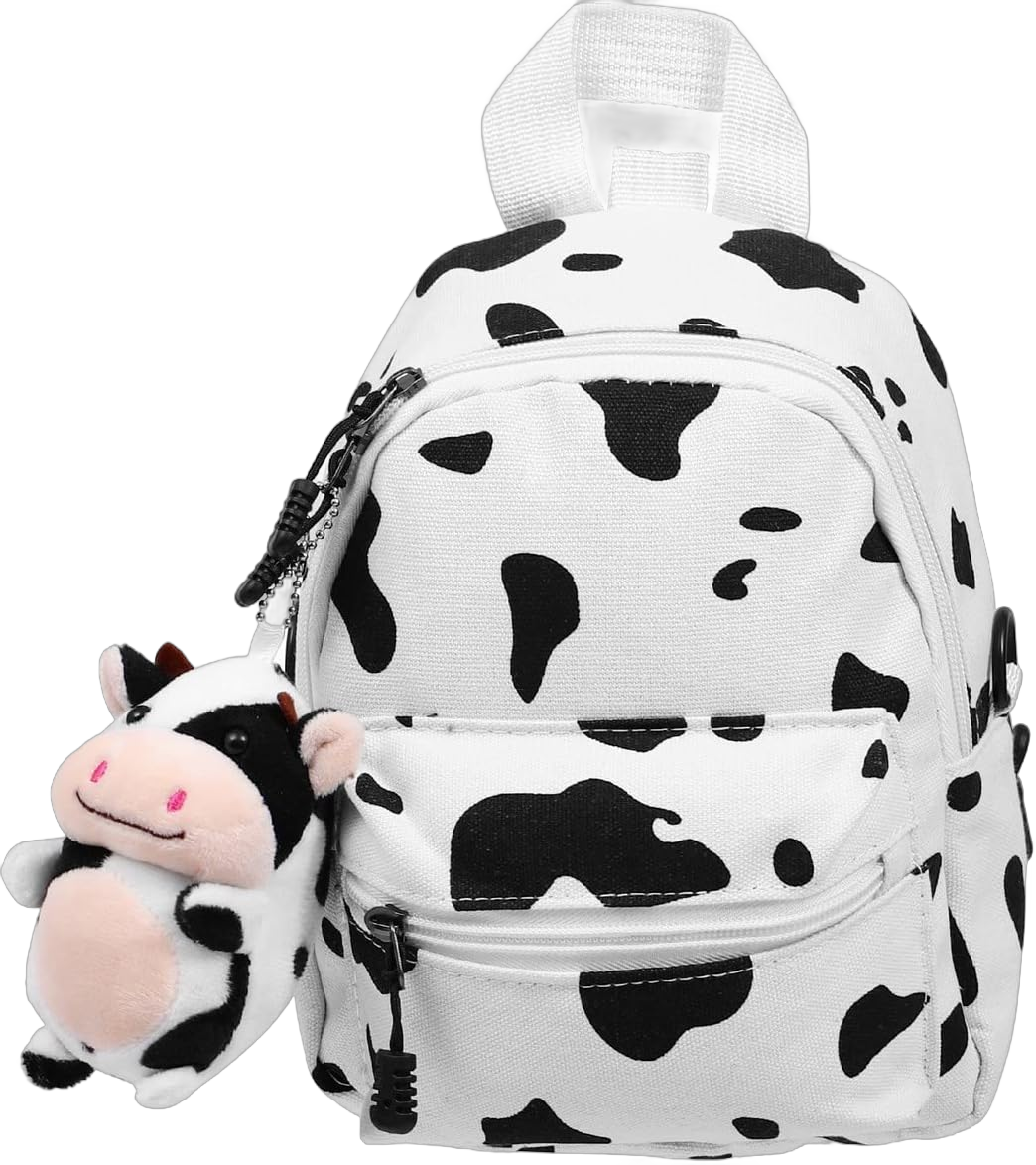 Abaodam Cow Pattern Backpack Cow Print Backpack Cow Mini Backpack Purse for Women Girls Mini Canvas Daypack with Plush Cow Pendant for Bag Accessory