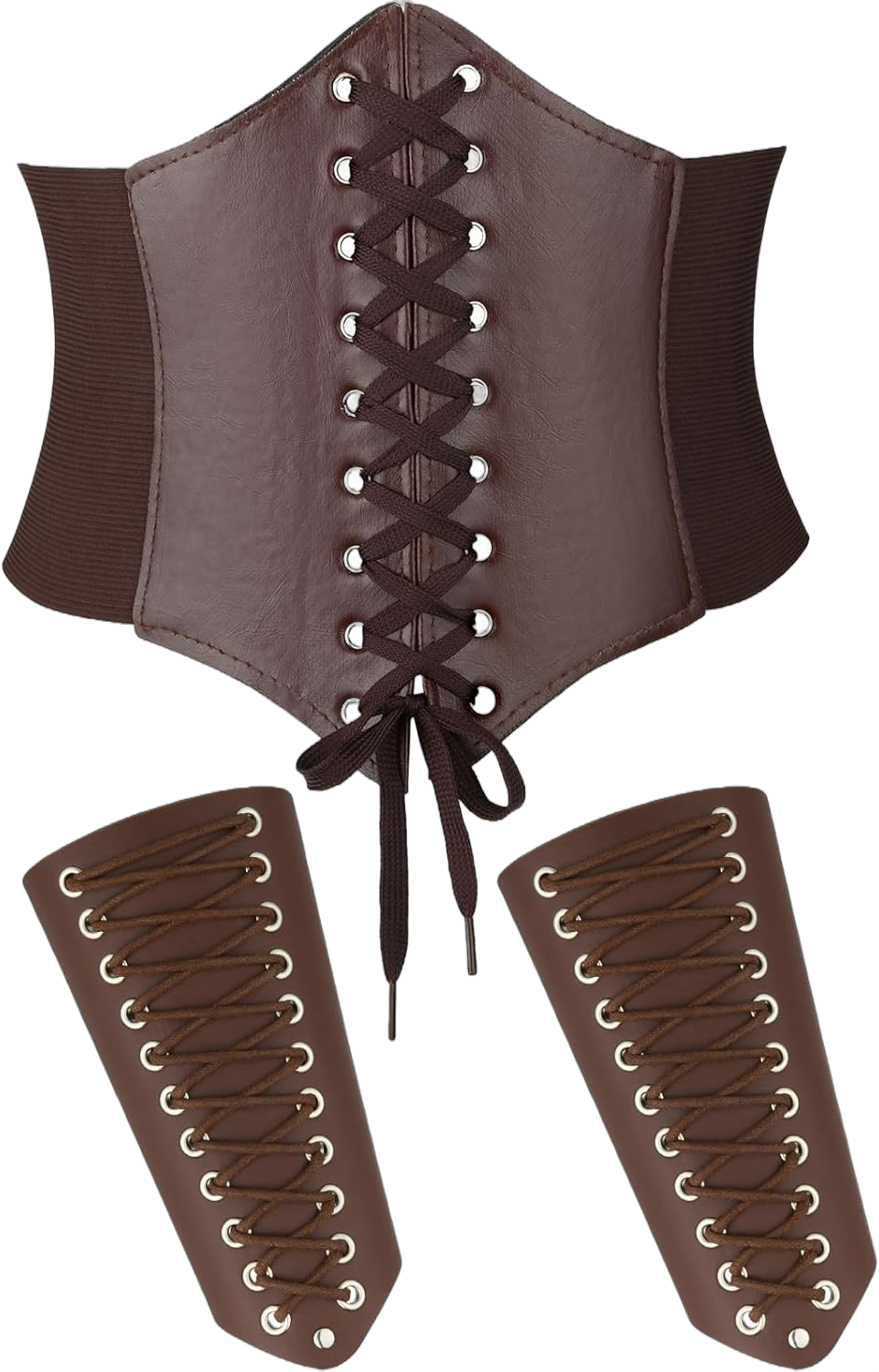 SATINIOR 3 Pieces Women Renaissance Corset Belts with Leather Gauntlets Stretch Elastic Belt for Halloween Women Costume Large Brown