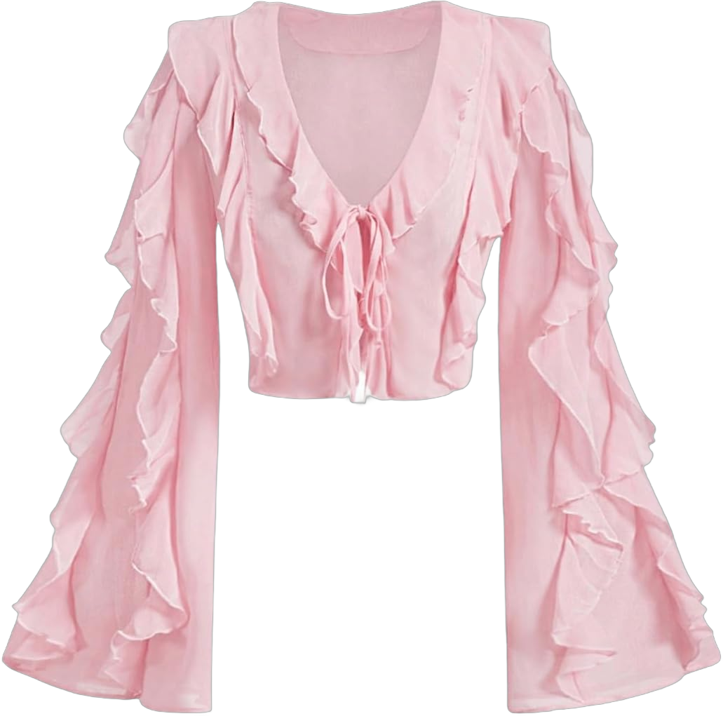 Women's Ruffle Trim Crop Blouse Long Bell Sleeve V Neck Bow Tie Front Shirts Top Crop Top Pink Medium