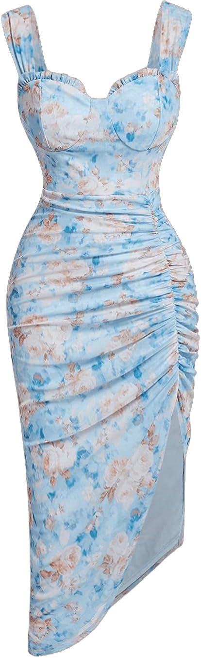 Women's Floral Print Sleeveless Wide Strap Split Thigh Dress Slim Fit Pleated Cami Dresses Pencil Midi Dress Small Blue a