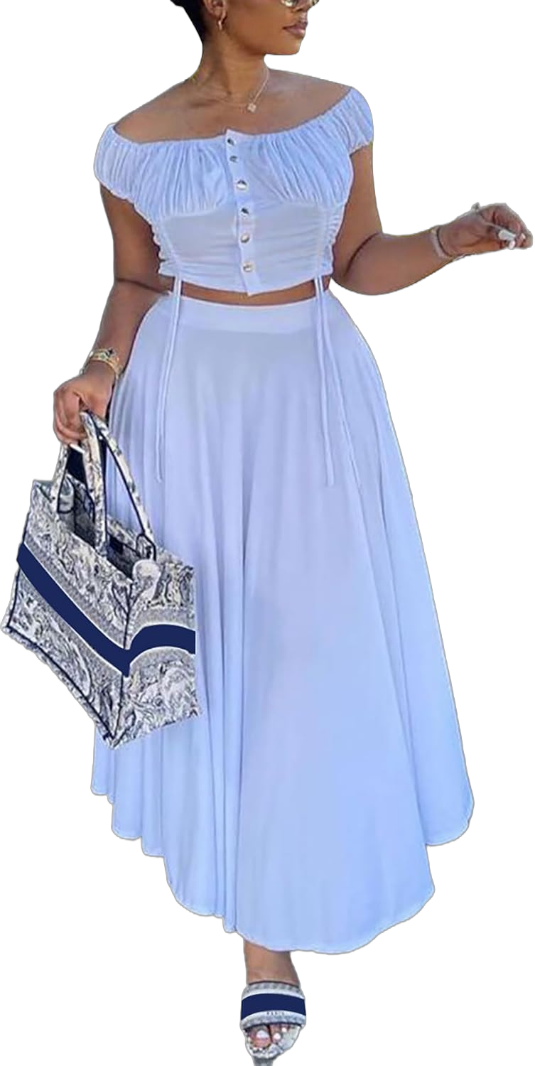 Women's 2 Pieces Outfits off Shoulder Tie Crop Top Flowy Maxi Skirt Dress Set Small White