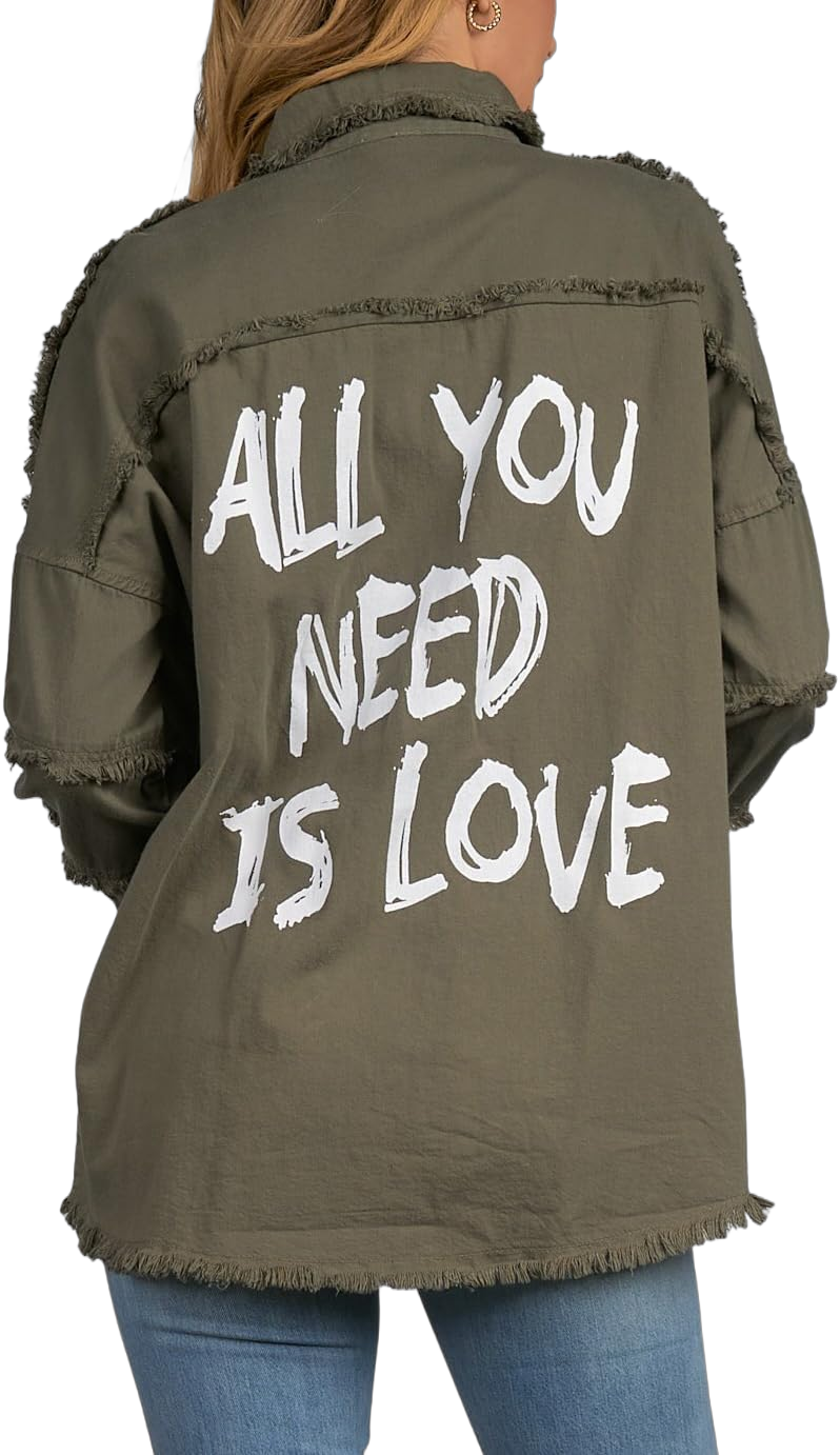 ELAN Women's All You Need Is Love Distressed Shirt Jacket Medium Olive