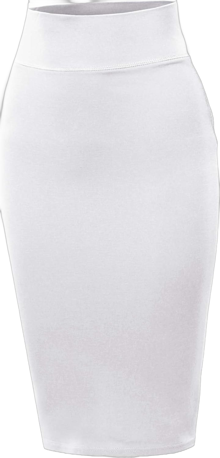 A2Y Women's Basic Solid Ponte Knee Length Slit Techno Span High Waist Pencil Skirt Large White