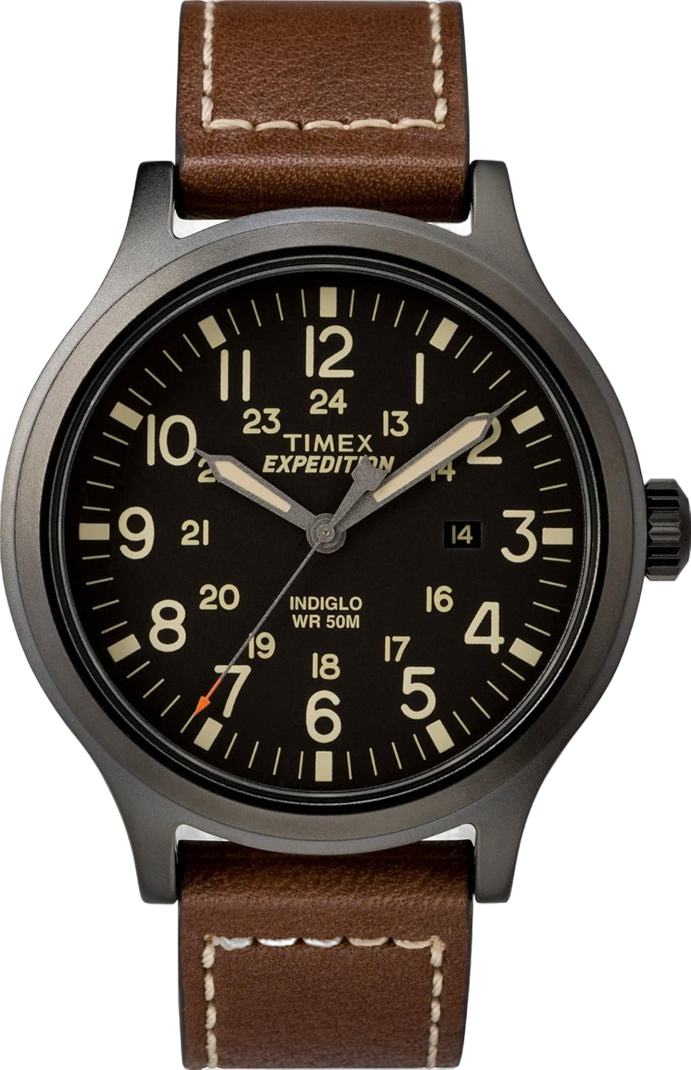 Timex Men's Expedition Scout 43mm Watch – Black Dial & Case with Brown Leather Strap