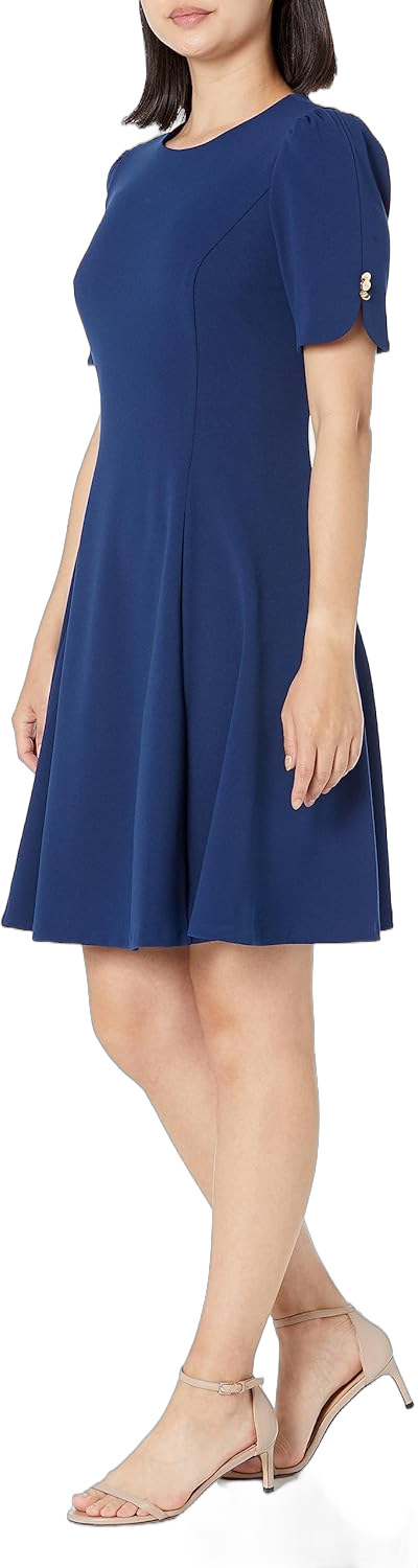 DKNY Women's Button Short Sleeve Fit and Flare Dress 12 Coastal Blue