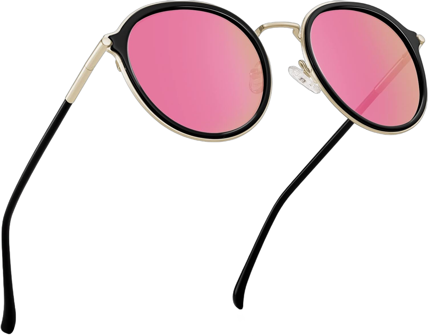 CARFIA Retro Acetate Polarized Sunglasses for Women UV Protection, Fashion Metal Brow Ladies Shades Eyewears Round Sunnies 4. Black Frame + Pink Mirrored