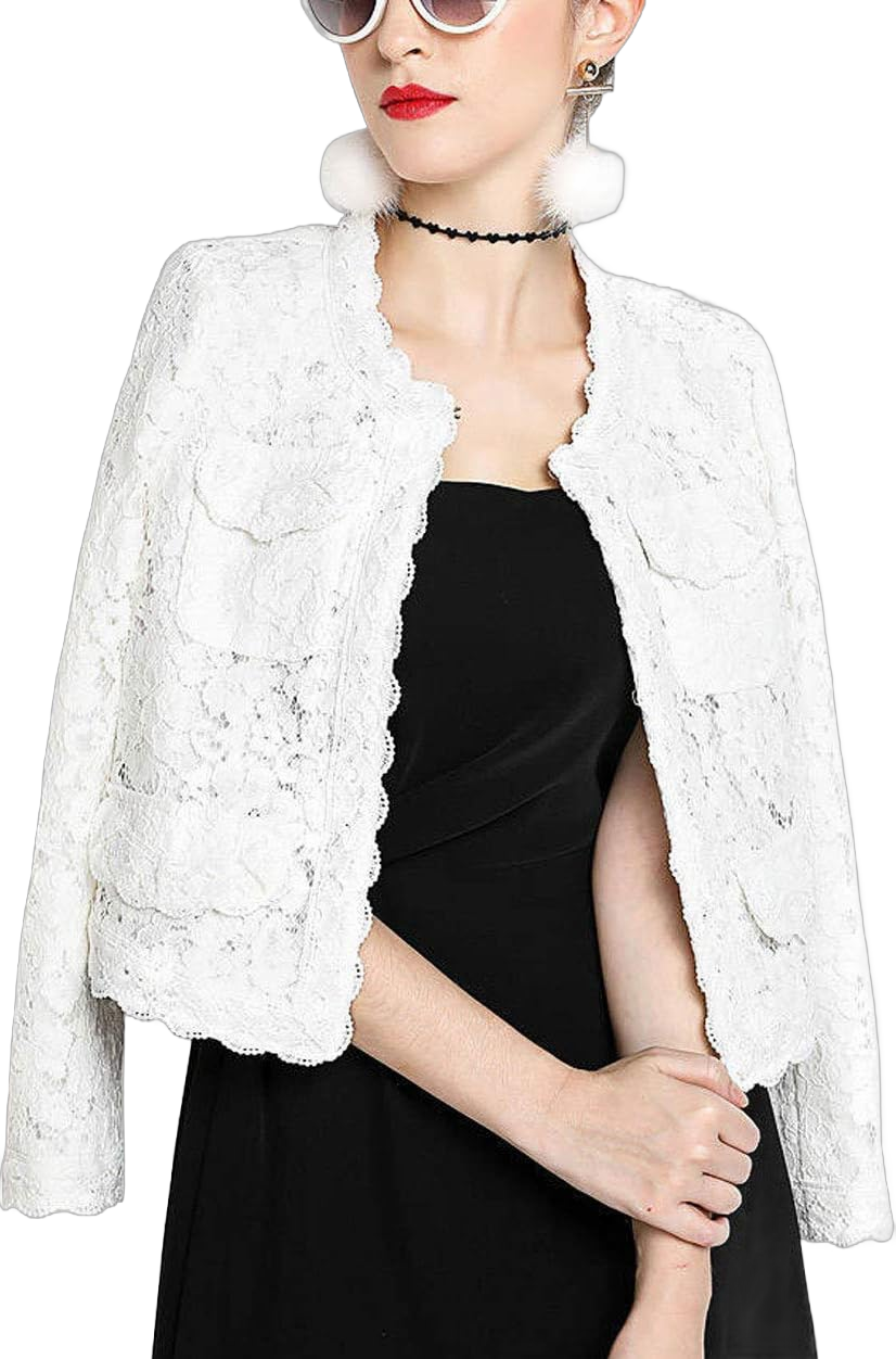 ebossy Women's Elegant Open Front Round Neck Scallop Edge Lace Cardigan Short Jacket Medium White/Fleece Lined