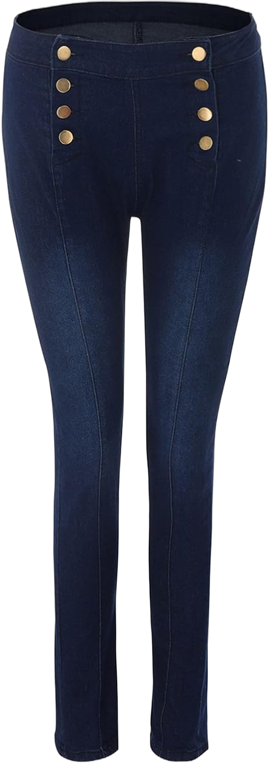 Women High Waist Double Breasted Button Slim Fit Skinny Jeans Control Too Pants 3X-Large Dark Blue