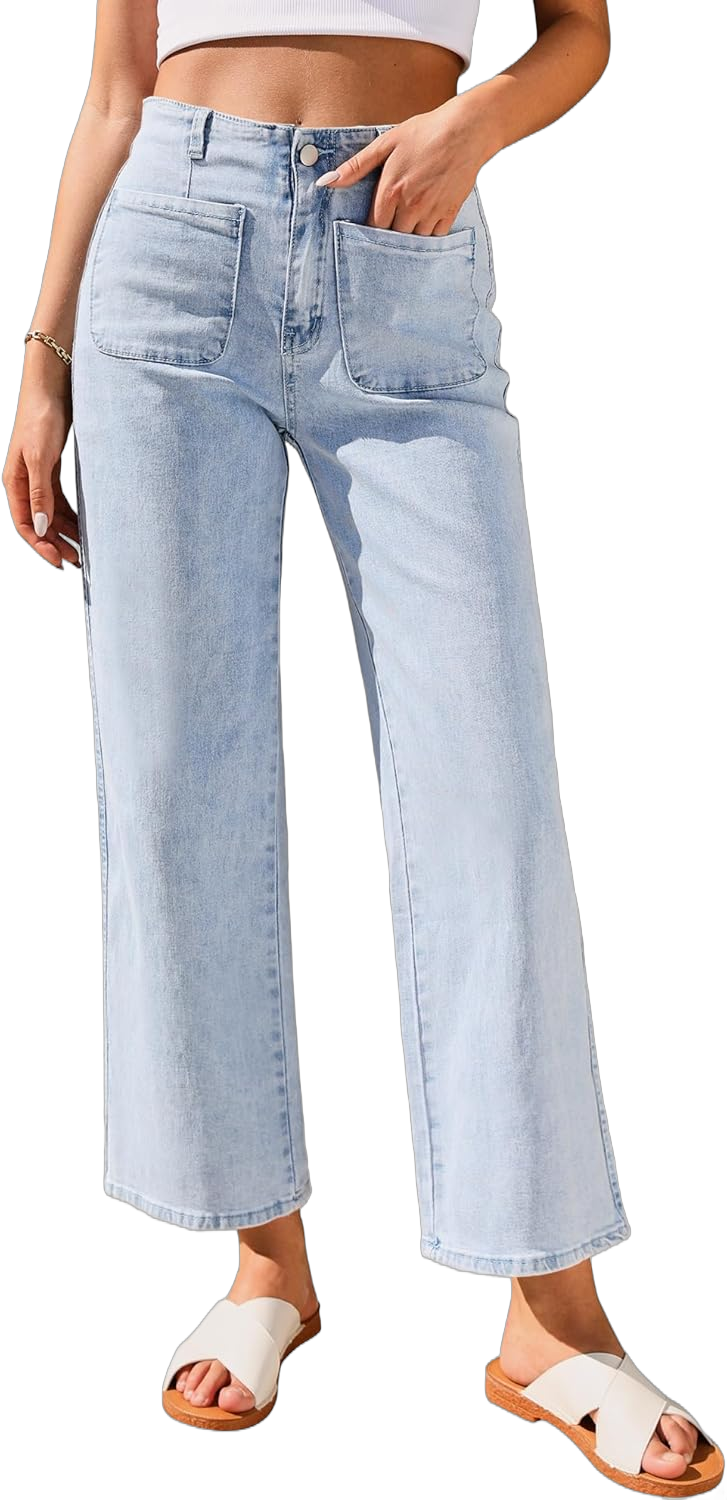 GRAPENT Wide Leg Jeans for Women High Waisted Straight Leg Stretchy Cropped Denim Pants with Pockets Jean Trousers Medium Vintage Light Wash