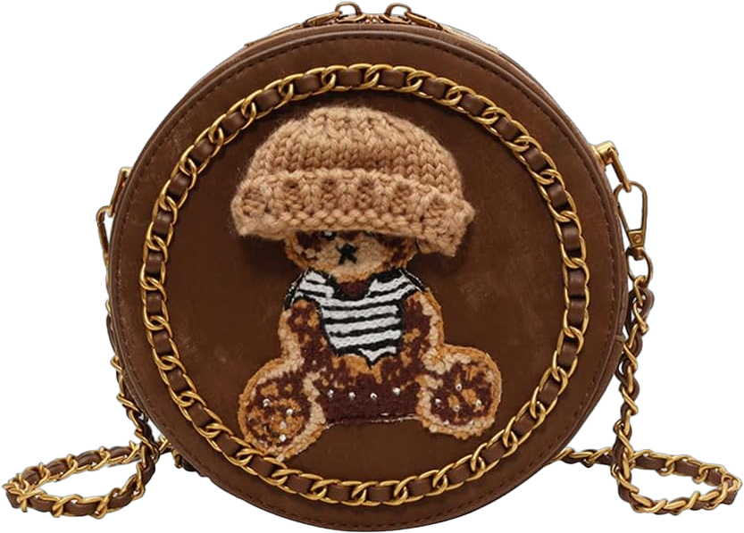 Women Round Crossbody Bag PU Leather Shoulder Bag Cute Bear Bag Waterproof Handbag Small Capacity Top-handle Bag Brown