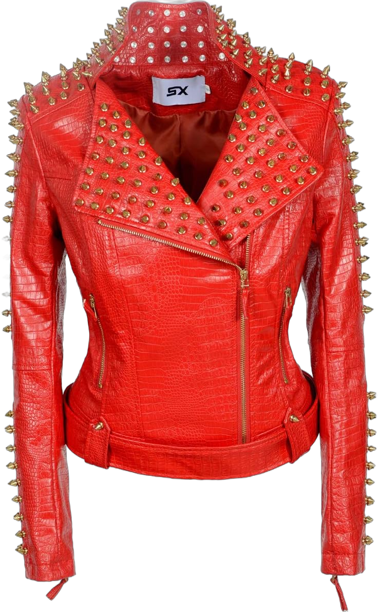 Fashion SX Women's Punk Studded Rivet Faux Leather Motorcycle Short Jacket X-Large Red