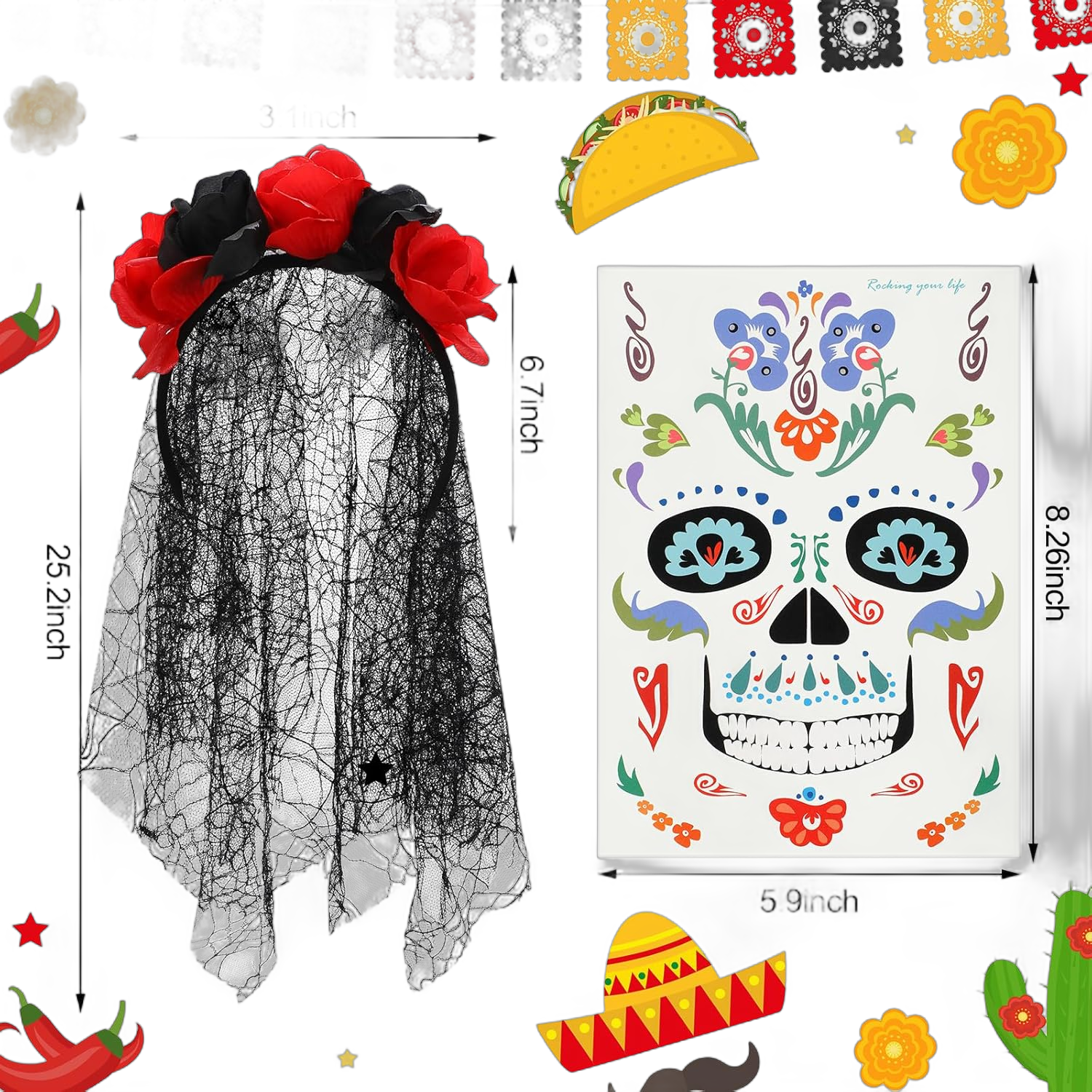 5 Pcs Women's Day of the Dead Costume Halloween Black Skull Skirt Gloves Stocking Face Tattoos Floral Crown Veil Large