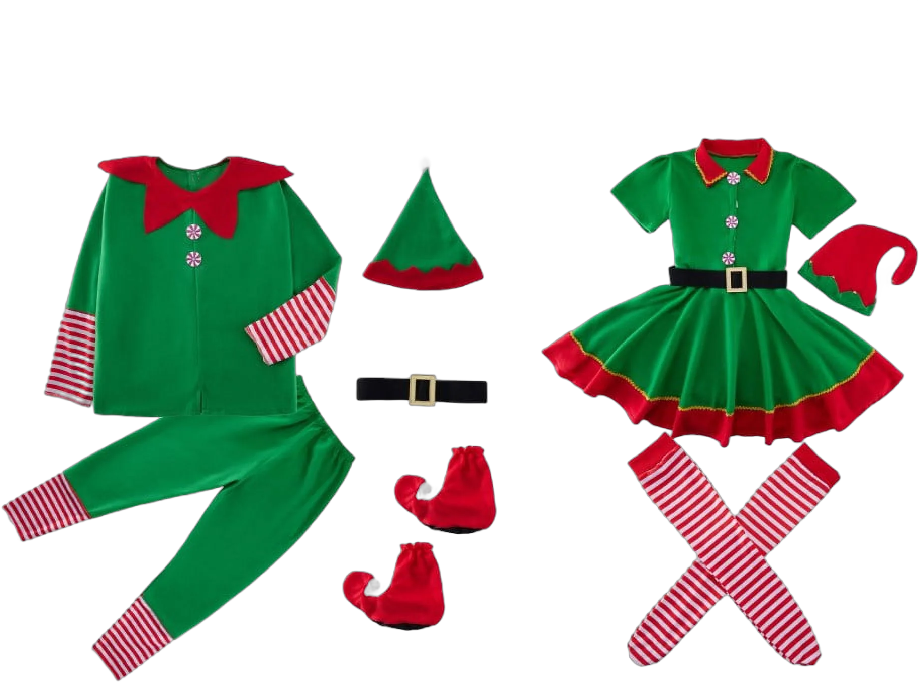 Esho Christmas Elf Costumes Parent-Child Holiday Green Elf Outfits Xmas Family Matching Clothes for Kids Girls Boys Women Men