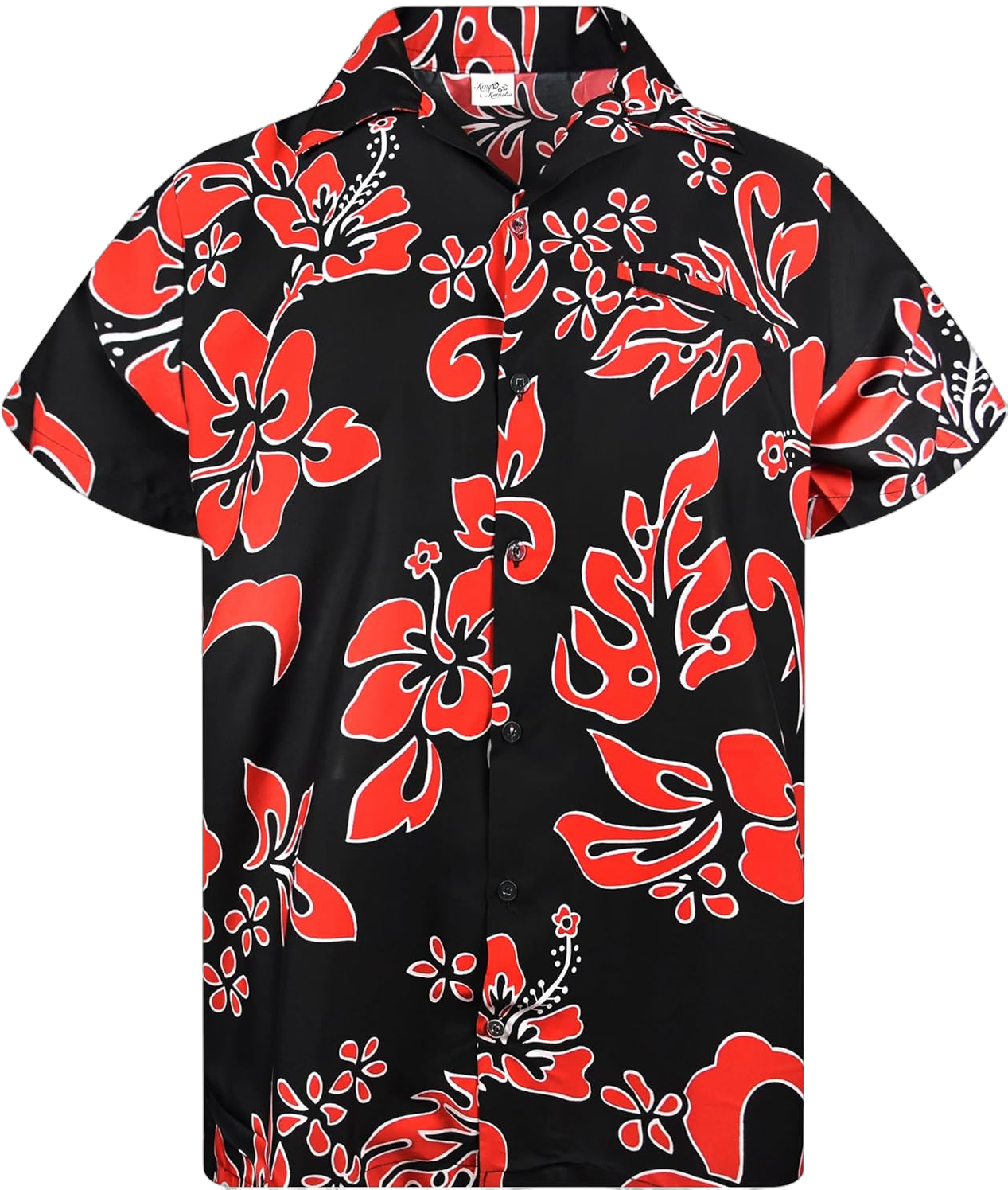 Hawaiian Shirt Men JK-Funky Casual Button Down Shortsleeve Unisex Flowers Tribal Aloha Hibiscus Print Jk_hibiscus-print-black-red 5X-Large