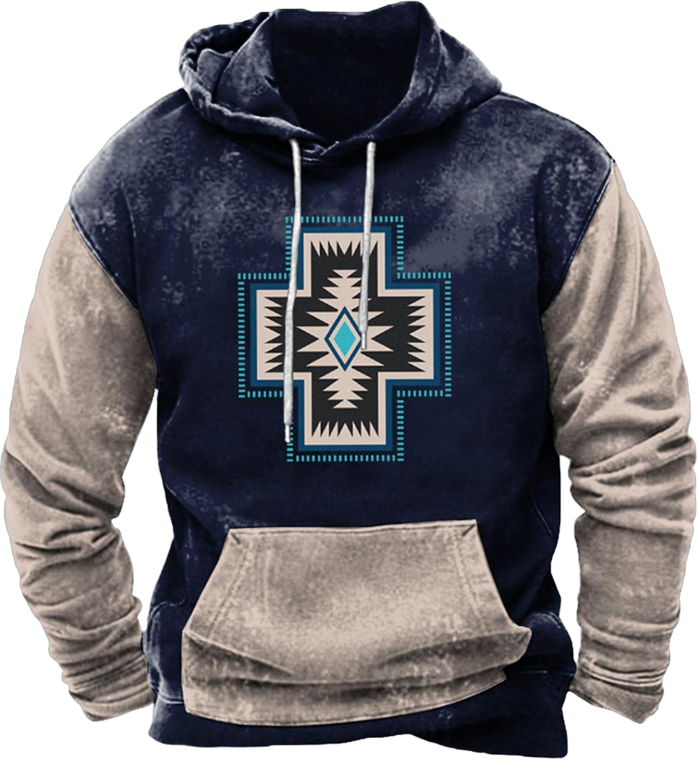 Zeiyignr Men's Western Aztec Sweatshirts, Ethnic Print Graphic Patchwork Hoodies Slim Casual Pullover Tops with Drawstring Z10-blue 3X-Large