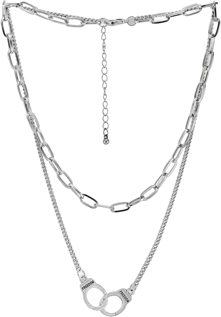 COOLSTEELANDBEYOND Hipster Womens Handcuff Necklace Two-strand Rolo Chain Oval Link Chain Silver Color, Punk Rock