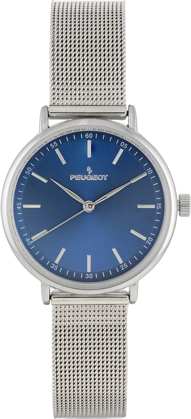 Peugeot PP Women's Slim Sleek Dress Watch - Modern Round Silver Tone Case with Steel Mesh Band, Blue Dial