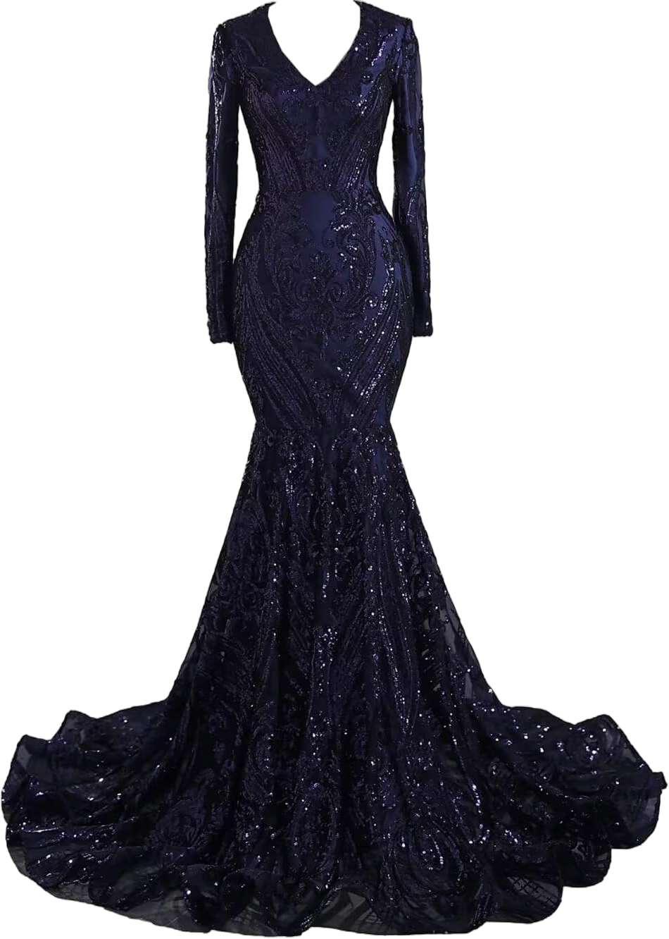 Women's Long Sleeves V-Neck Sequined Mermaid Elegant Formal Evening Party Gowns Blue