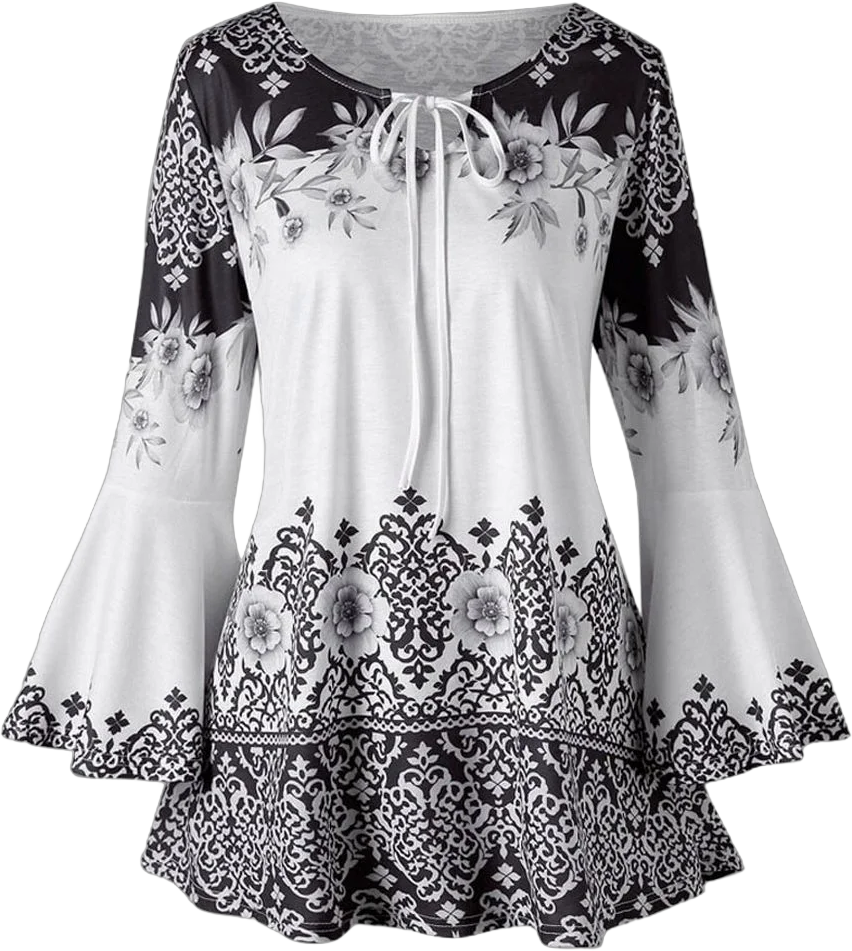 USSUMA Women Tops Dressy Casual Long Sleeve, Womens Blouses Plus Size Floral Printed Flare Sleeve Tops Keyhole Lace-up Trendy O-neck T-Shirts Tunics Fall Female