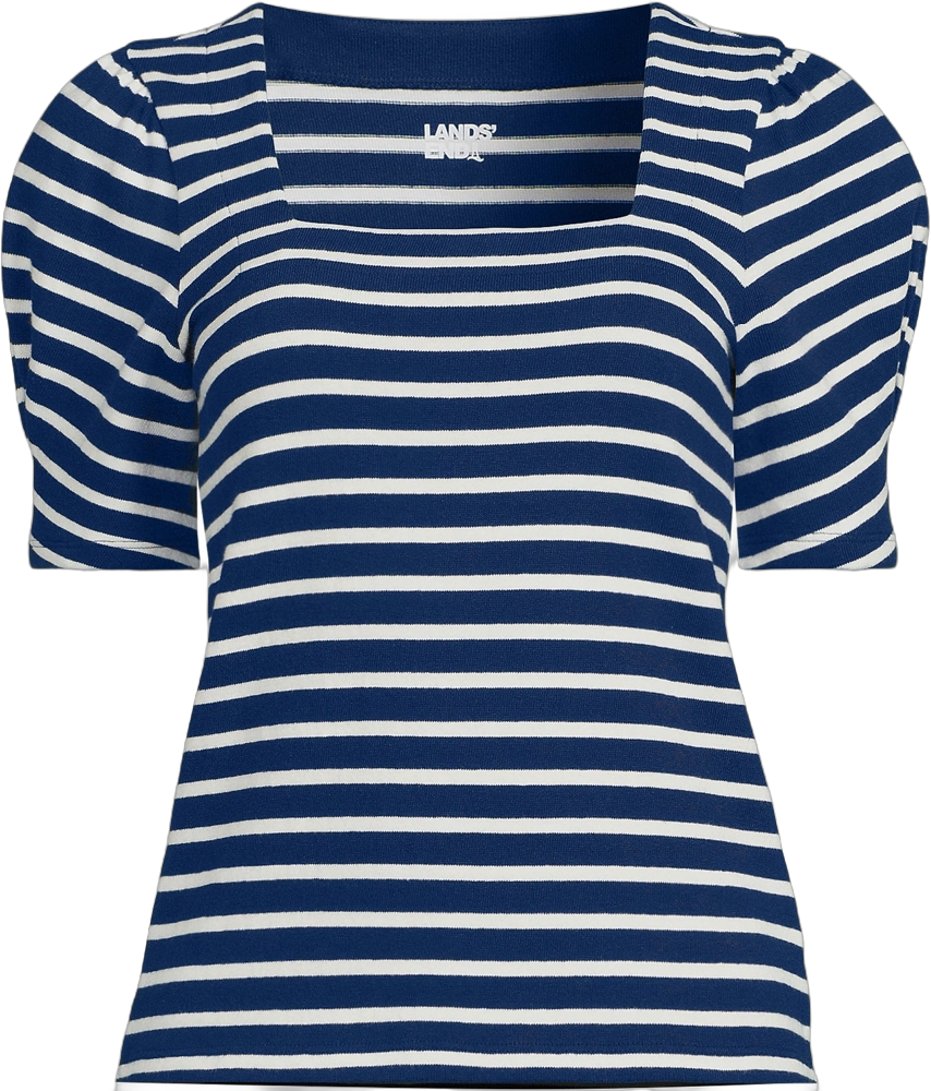 Lands' End Women's Plus Size Puff Sleeve Mariner Square Neck Top - 1x - Deep Sea/Ivory Breton Stripe