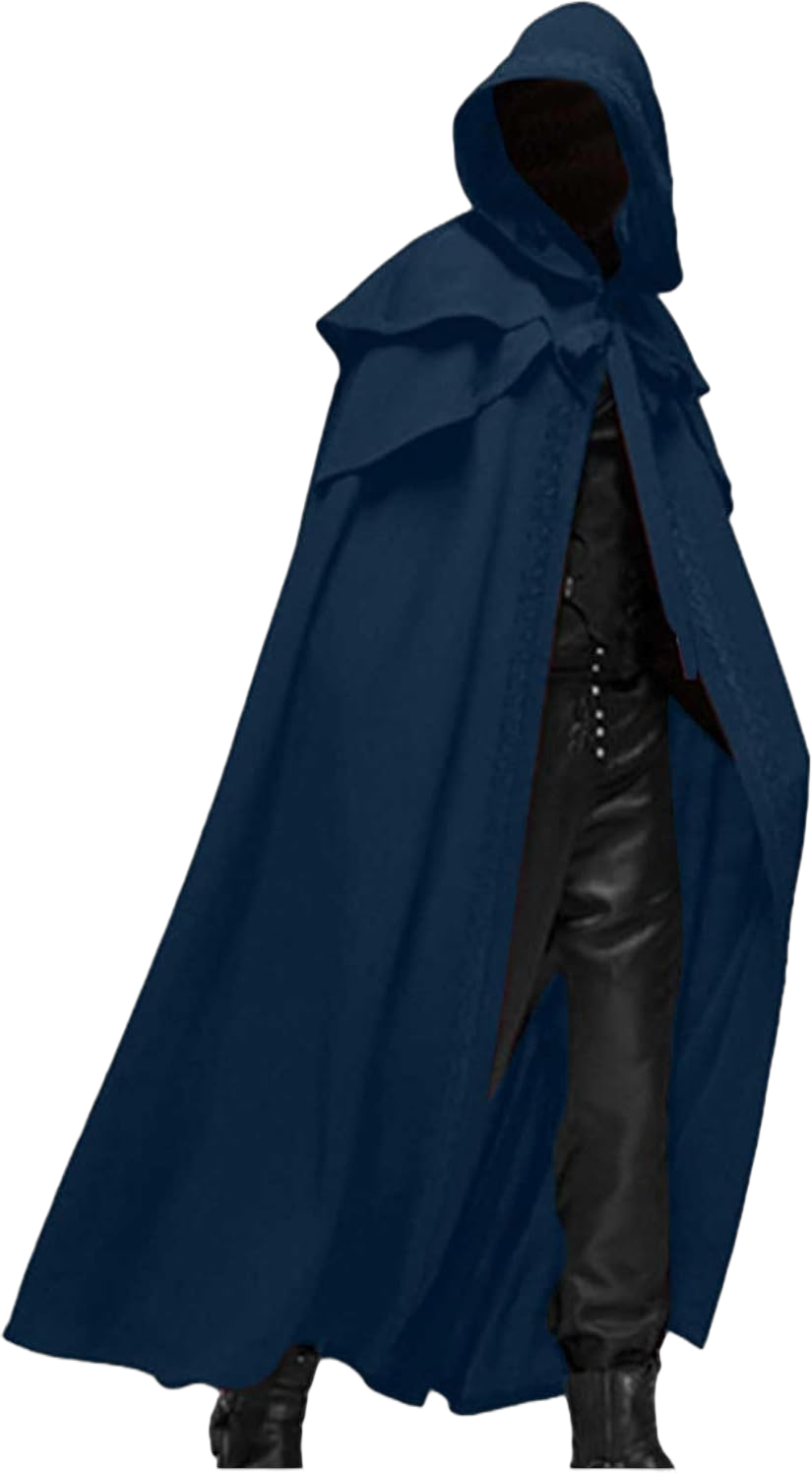 Men Steampunk Hooded Cloak Trench Coat Vintage Gothic Cape Vampire Costume Halloween Party Retro Goth Black Long Cloak 3X-Large Blue2