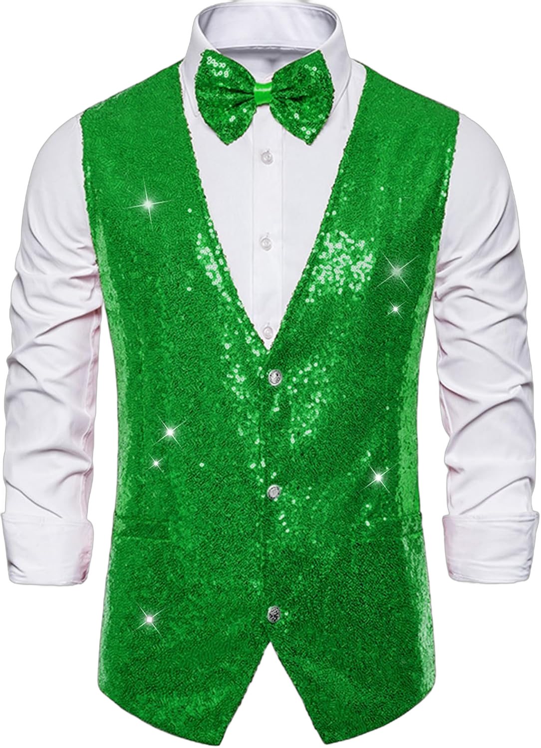 Lars Amadeus Men's Sequin Waistcoat Shiny Sleeveless Party Prom Dress Suit Vest with Bow Tie X-Large Green