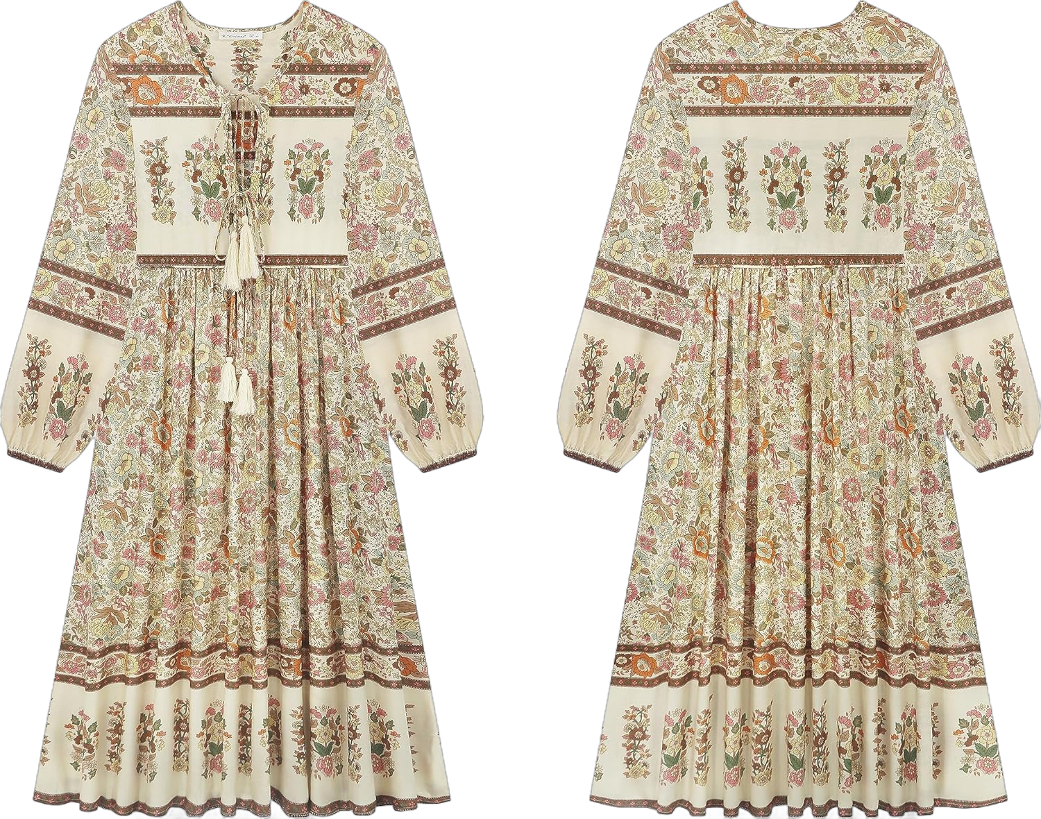 R.Vivimos Women's Long Sleeves Floral Print Retro V Neck Tassel Casual Bohemian Midi Dresses X-Large Cream