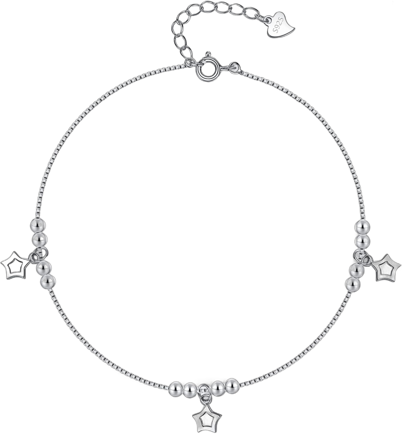 925 Sterling Silver Dainty Adjustable Anklet with Stars Charm Pendant for Women or Girls - Simple Box Chain Ankle Bracelet