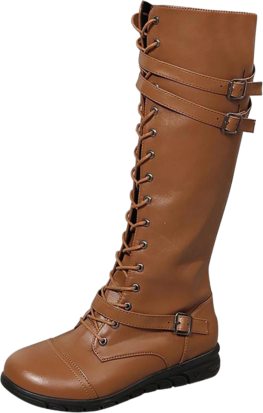 Women's Lace Up Knee High Boots Fashion Riding Combat Boots Gothic Motorcycle Boots Ladies Party Dance Shoes Brown 9.5