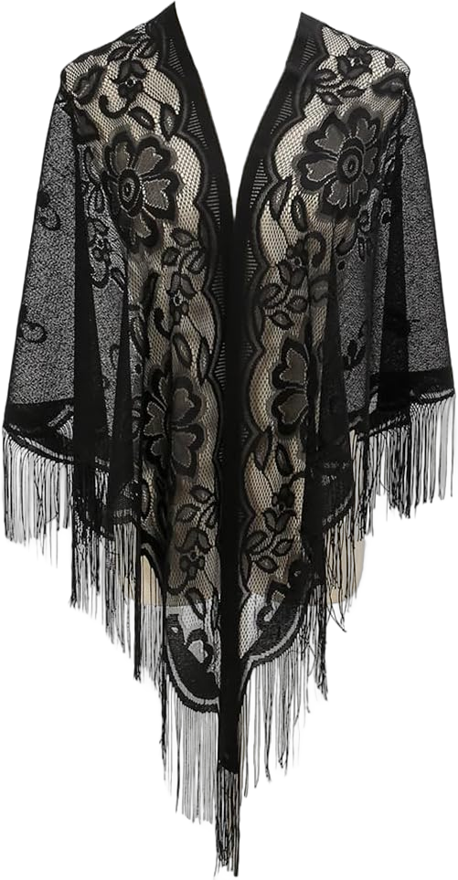 Yeieeo Women's Floral Lace Scarf Shawl with Tassels Soft Mesh Fringe Shawls and Wraps for Wedding Evening Party Dresses Black2