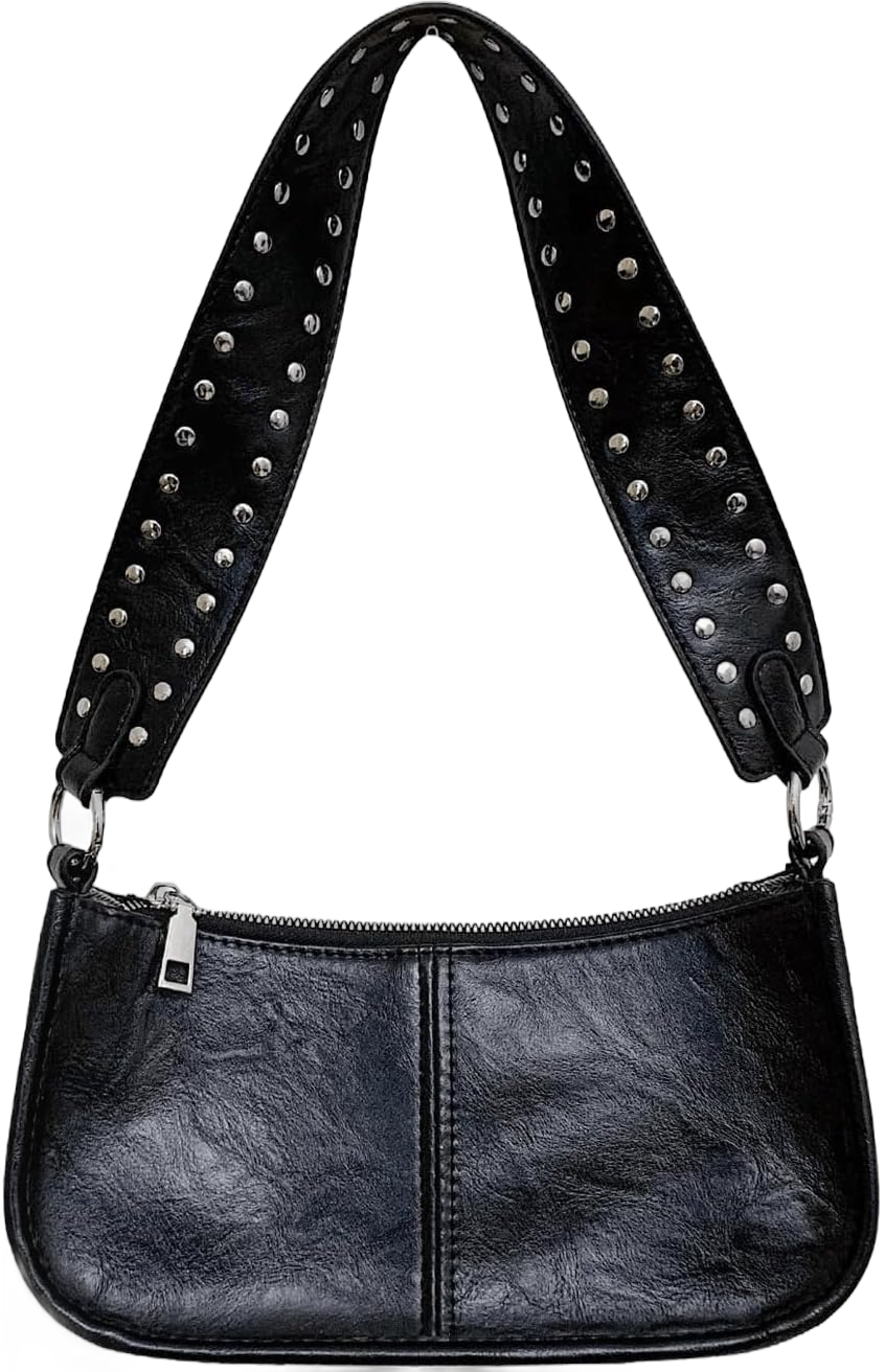 SweatyRocks Women's PU Leather Studded Zipper Shoulder Bag Top Handle Casual Crossbody Bag One Size Black