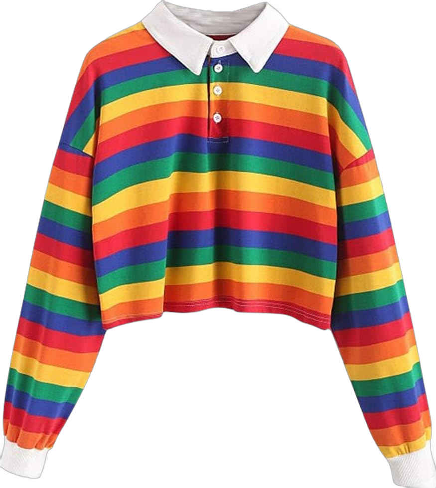 Women Teen Girls Fashion Turn-Down Collar Crop Top Sweatshirt Long Sleeve Rainbow Striped Color Block Pullover Shirts