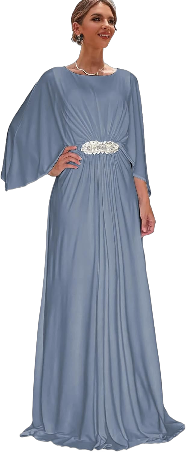 Satin Mother of The Bride Dresses with Cape Long Wedding Party Dress Beaded Evening Gowns for Women Formal 4 Dusty Blue