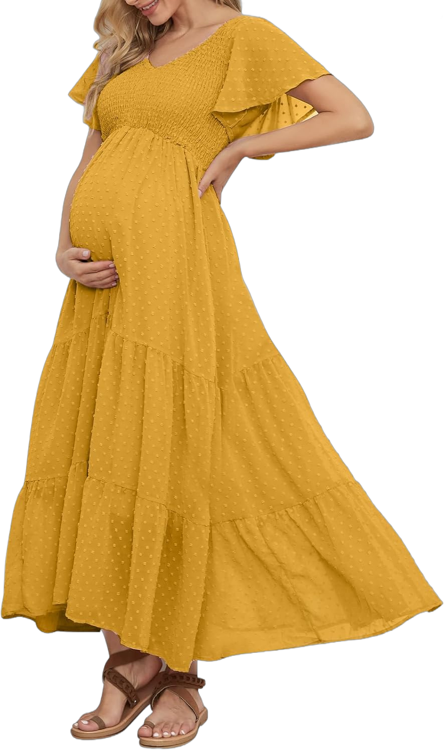 Swiss Dot Smocked Maternity Dress for Baby Shower Photoshoot Casual V Neck Ruffle Sleeve Empire Waist Tiered Boho Dress Small Yellow