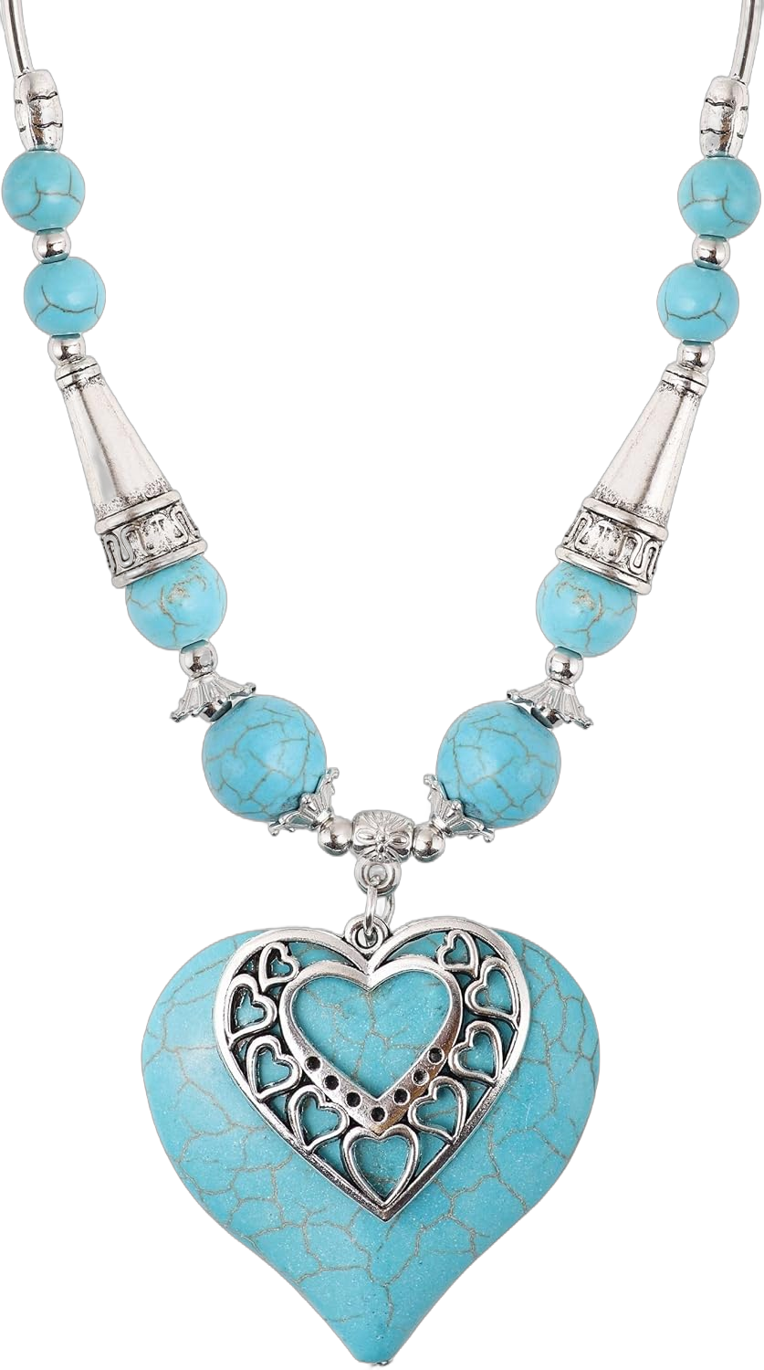 MINACHI Bohemian Created Turquoise Teal Heart Necklace, Vintage Boho Summer Beach Jewelry Gift for Women