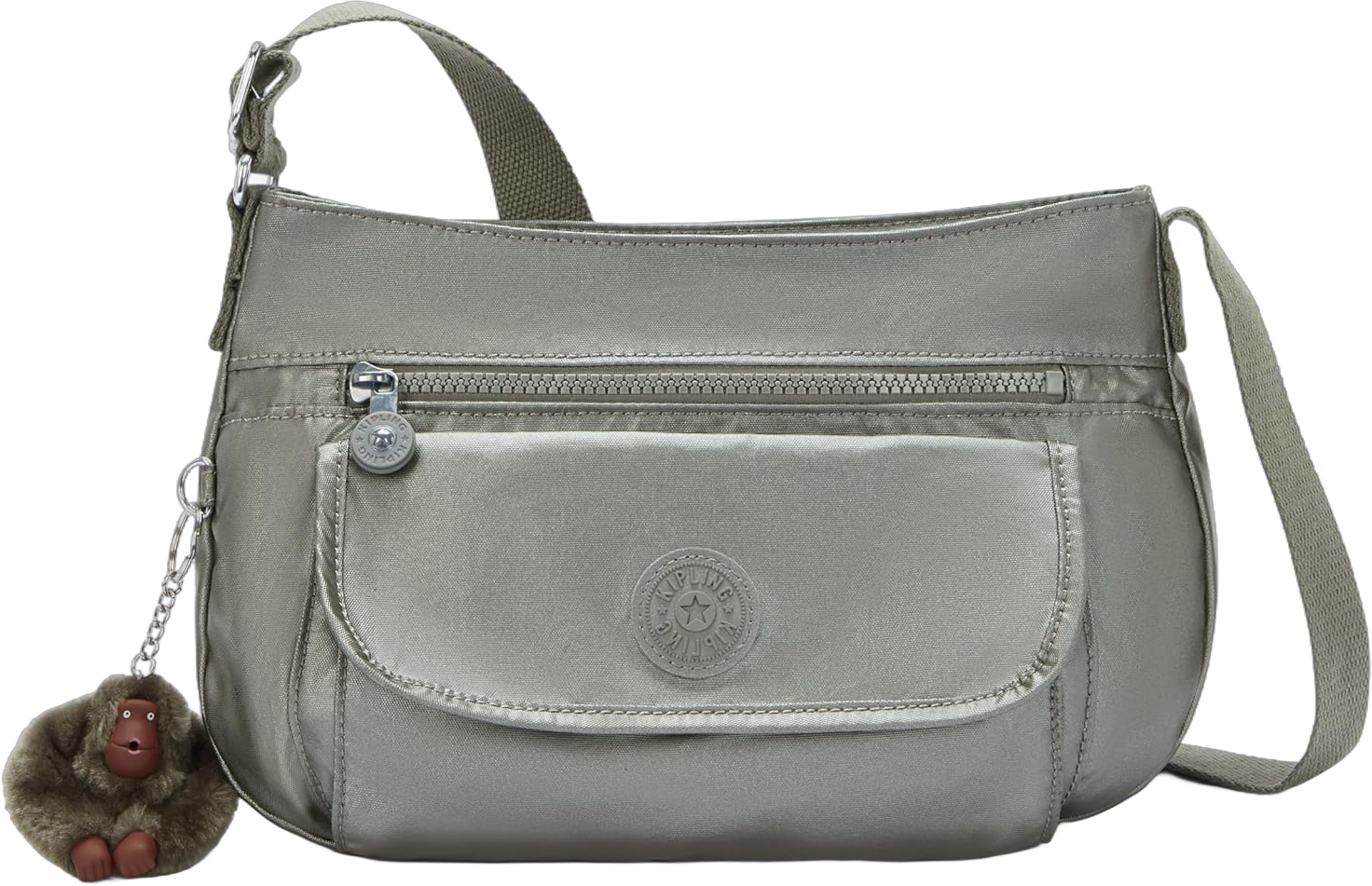 Kipling Women's Syro Crossbody, Organize Accessories, Surprisingly Spacious, Adjustable Strap, Nylon Bag 12.25''L x 8.75''H x 5''D Moon Grey Metallic