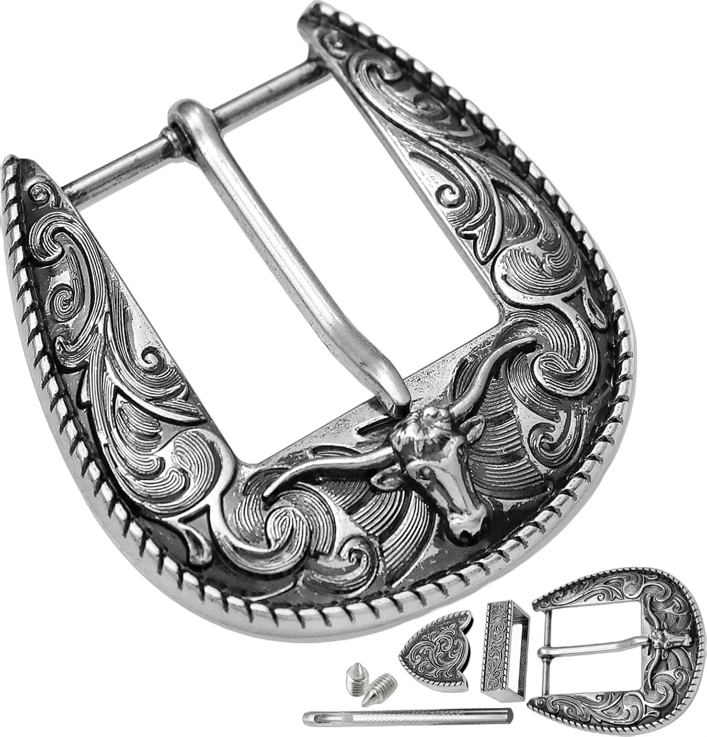 3Pcs Western Replacement Belt Buckles 1.5"(38mm) LongHorn Bull Single Prong Buckle Cowboy Rodeo Belt Accessory for Men Women Vintage Silver