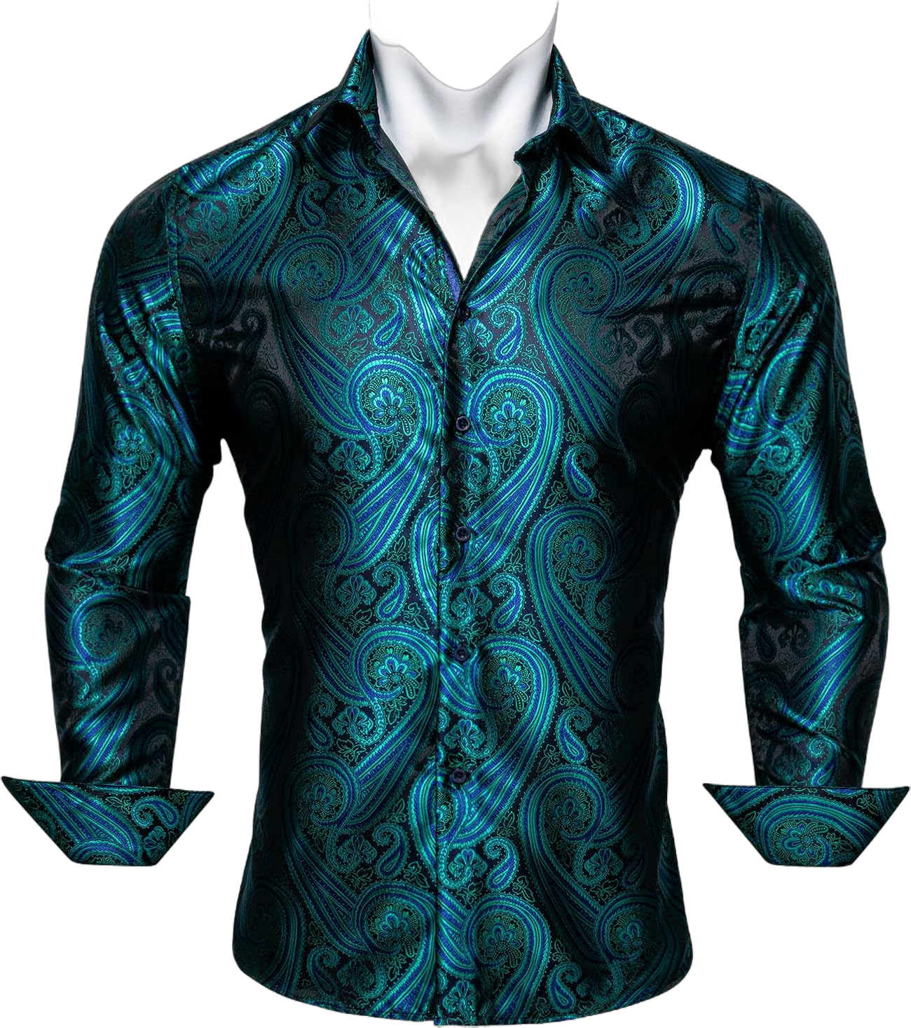 Barry.Wang Men Shirts Paisley Flower Woven Silk Dress Shirt Long Sleeve Unique Design Formal/Leisure Wedding Party Prom