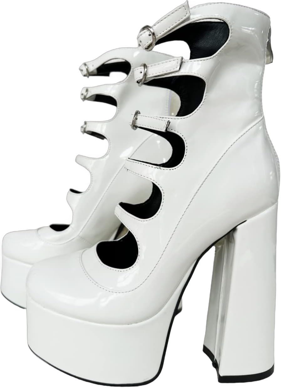 Frankie Hsu Ladies Sexy Hot Unisex Platform Chunky High Heeled Bootie, White Patent Leather Silver Buckle Fashion Style, Big Large Size US4-14 Ankle Short Boots For Women Men 16 White