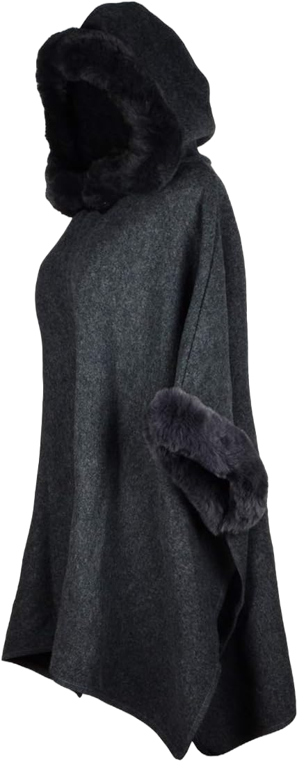 Women's Hooded Cloak Faux Rabbit Fur Cape Wrap Wool Coat Cardigan Poncho Warm One Size Dark Grey