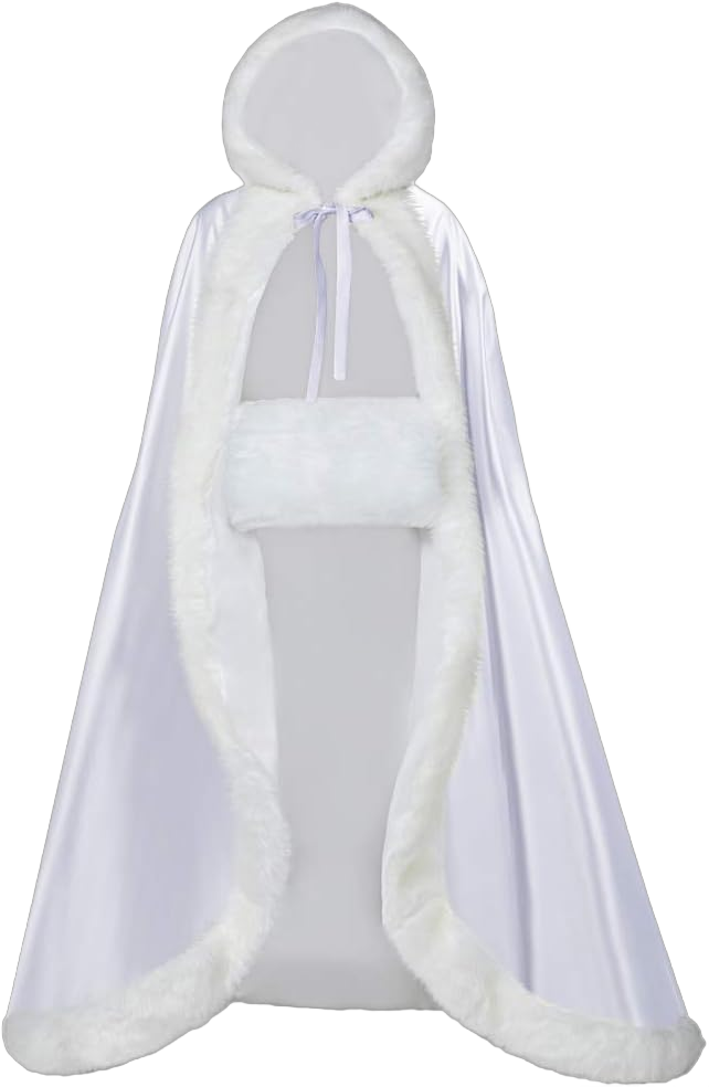 Full Length Wedding Hooded Cloak for Bride and Women. Beautiful Wedding Cape for Winter Wear, Work, Concerts, Everyday. Perfect for Formal. 50 to 55" Long with Fur Trim, Hood, Hand Muff, White 55"