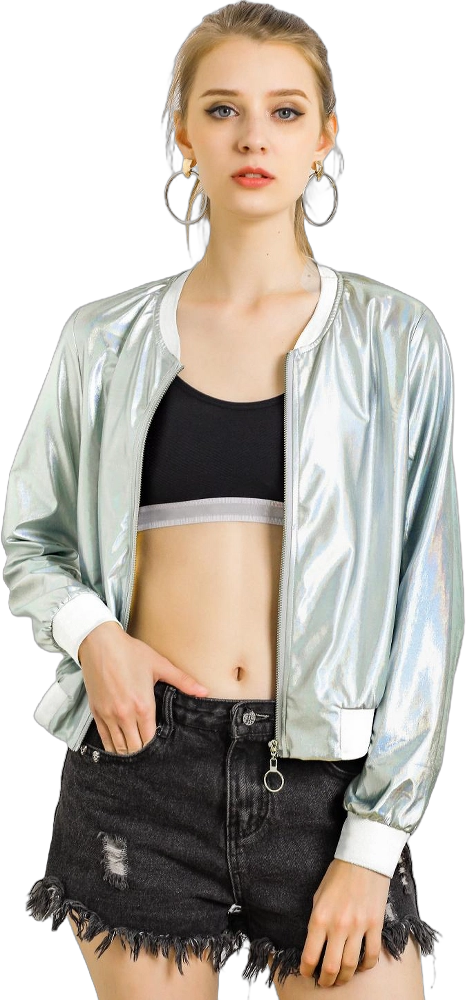 Allegra K Women's Holographic Fashion Stand Collar Metallic Lightweight Zip Bomber Jacket Light Silver X-Large