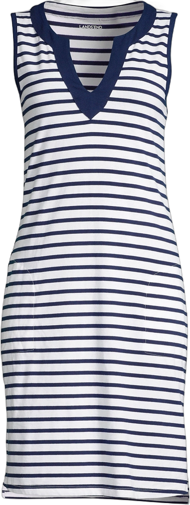 Lands' End Women's Cotton Jersey Sleeveless Swim Cover-up Dress Print - X-Small - White/Deep Sea Stripe