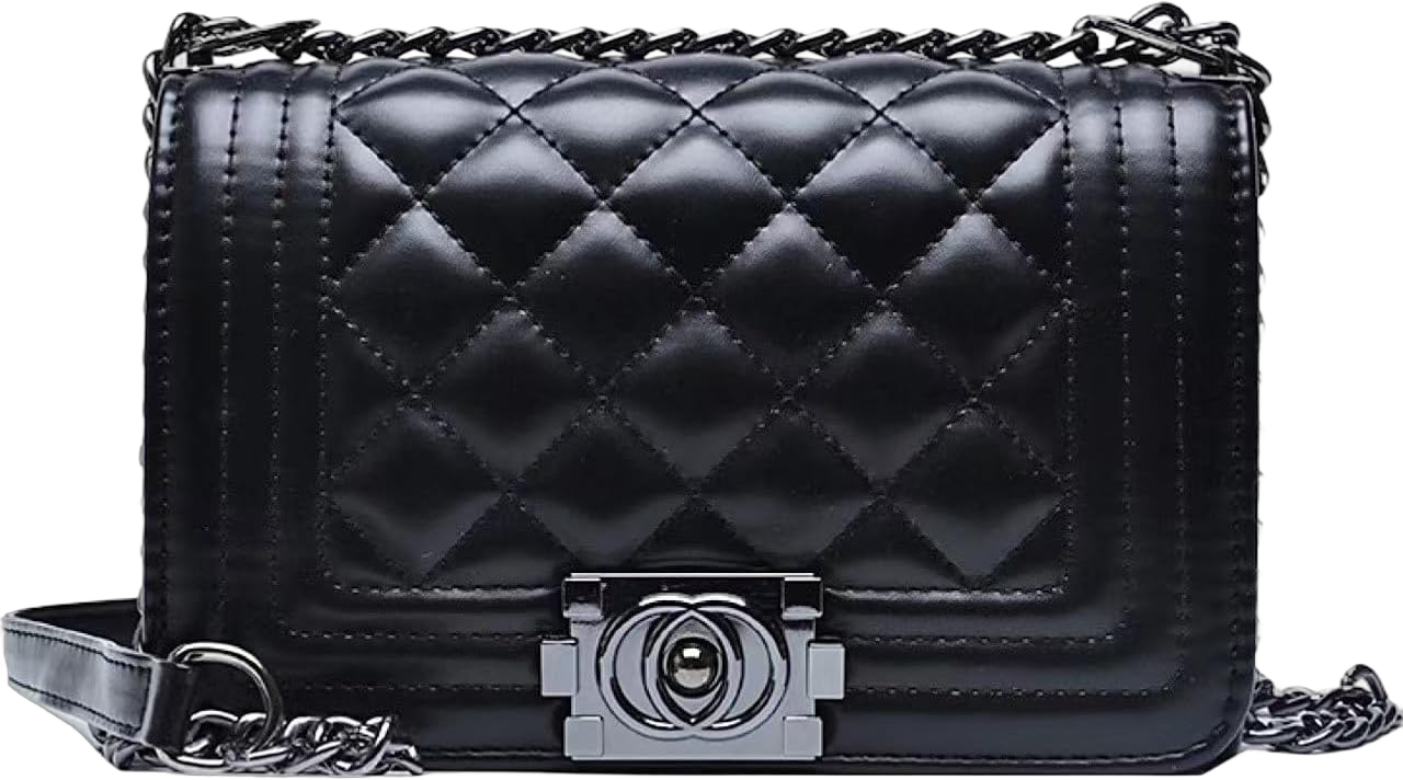 Quilted Crossbody Bag Faux Leather Trendy Shoulder Purses with Chain Strap Stylish Clutch Purse for Women Ladies Black