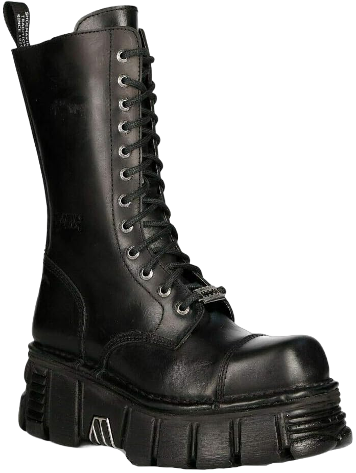 New Rock Boots M-MILI211C-C1 Women's Military Metallic Black Lace Up 100% Leather Techno Biker 10.5 Black