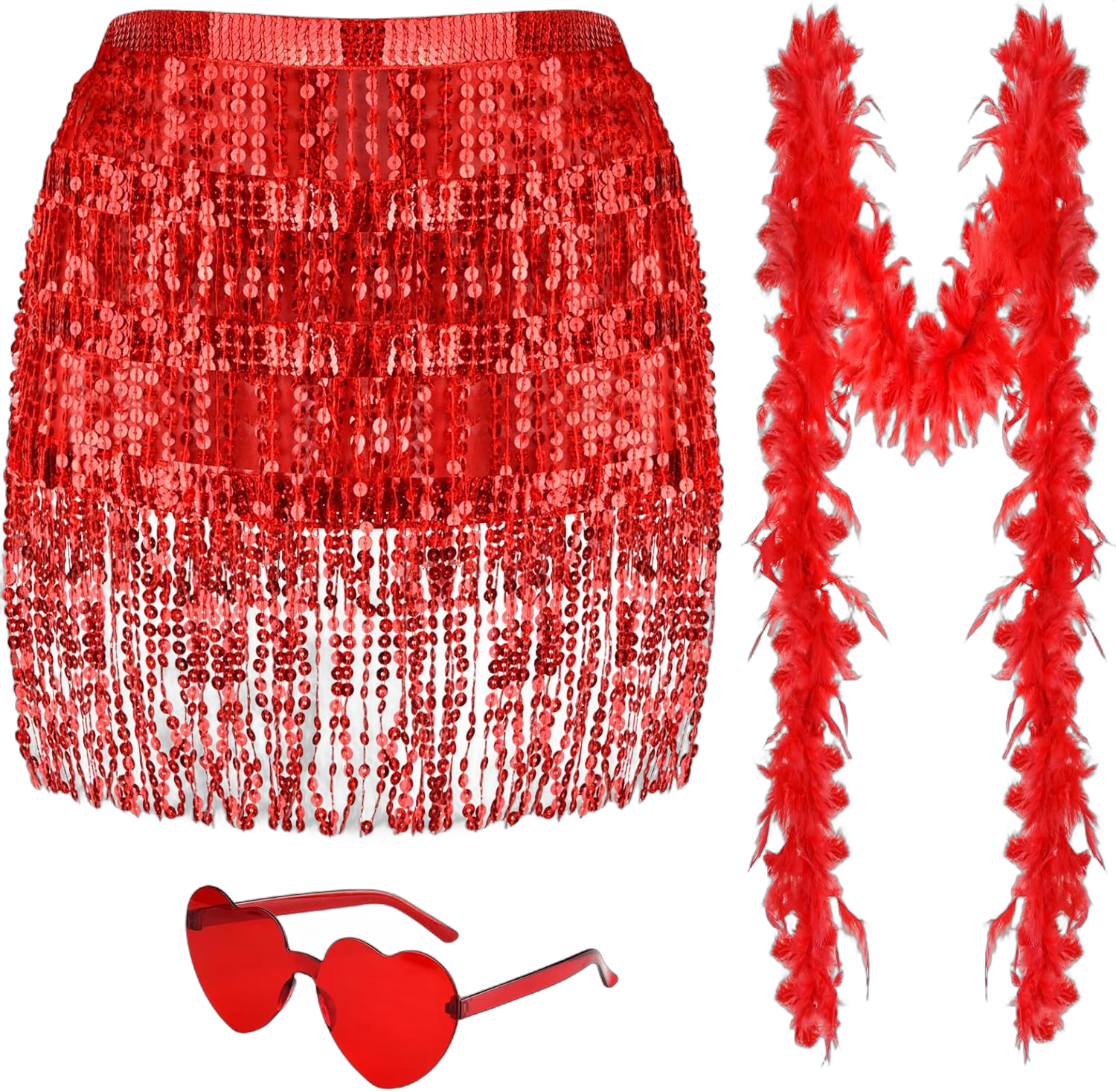 NACHLYNN Sparkly Fringe Skirt Women Sequin Tassel Belly Dance Hip Scarf Heart Sunglasses Feather Boas for Rave Party Costume 66 Short Red