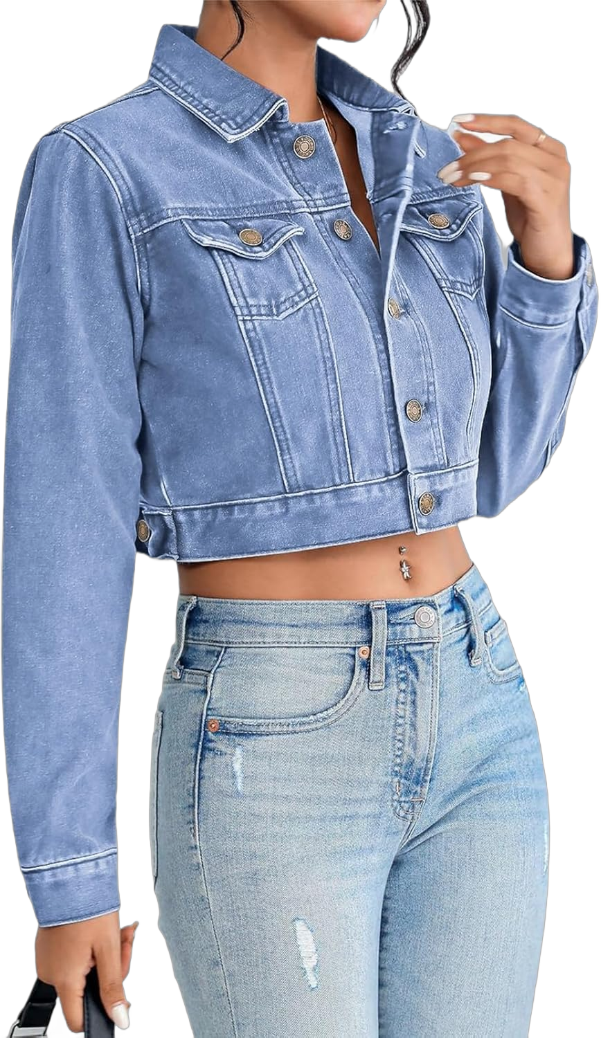 Cropped Jean Jacket for Women Long Sleeve Classic Casual Crop Top Denim Jackets Coat Medium Light Blue