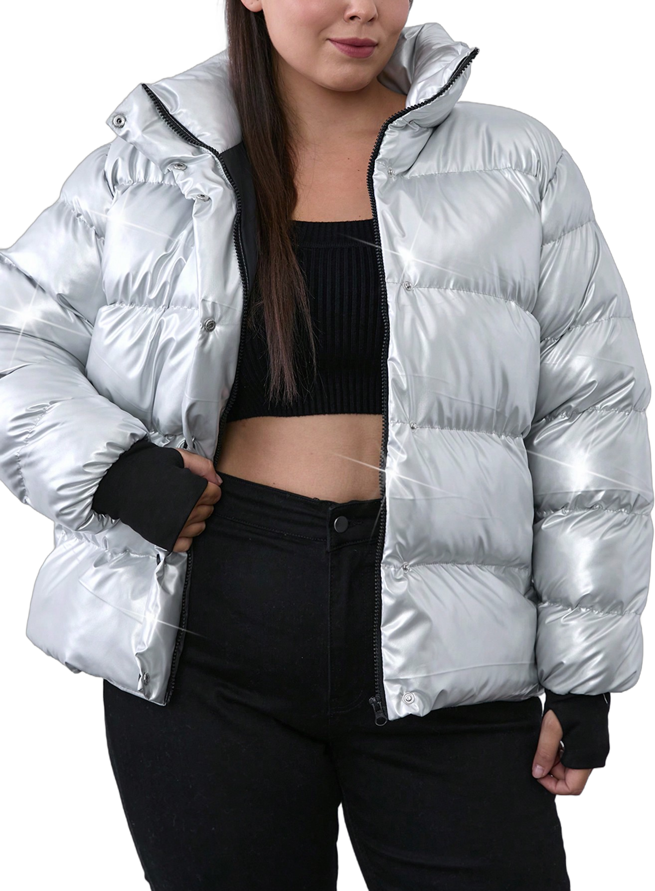 SHEIN Plus Size Women's Metallic Silver Quilted Women's Puffer Down Jacket With Gloves